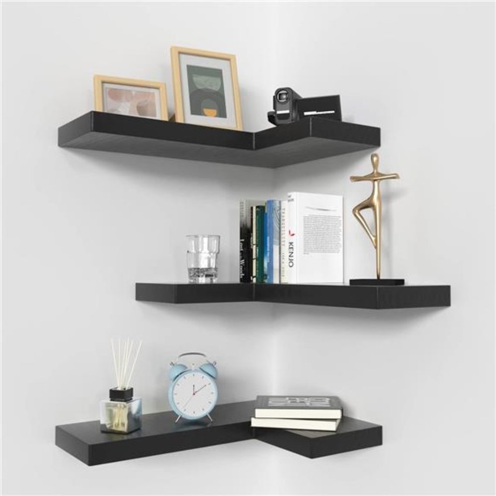 Corner Floating Shelves with Invisible Brackets,  Set of 3, 17" x 6" (Black)